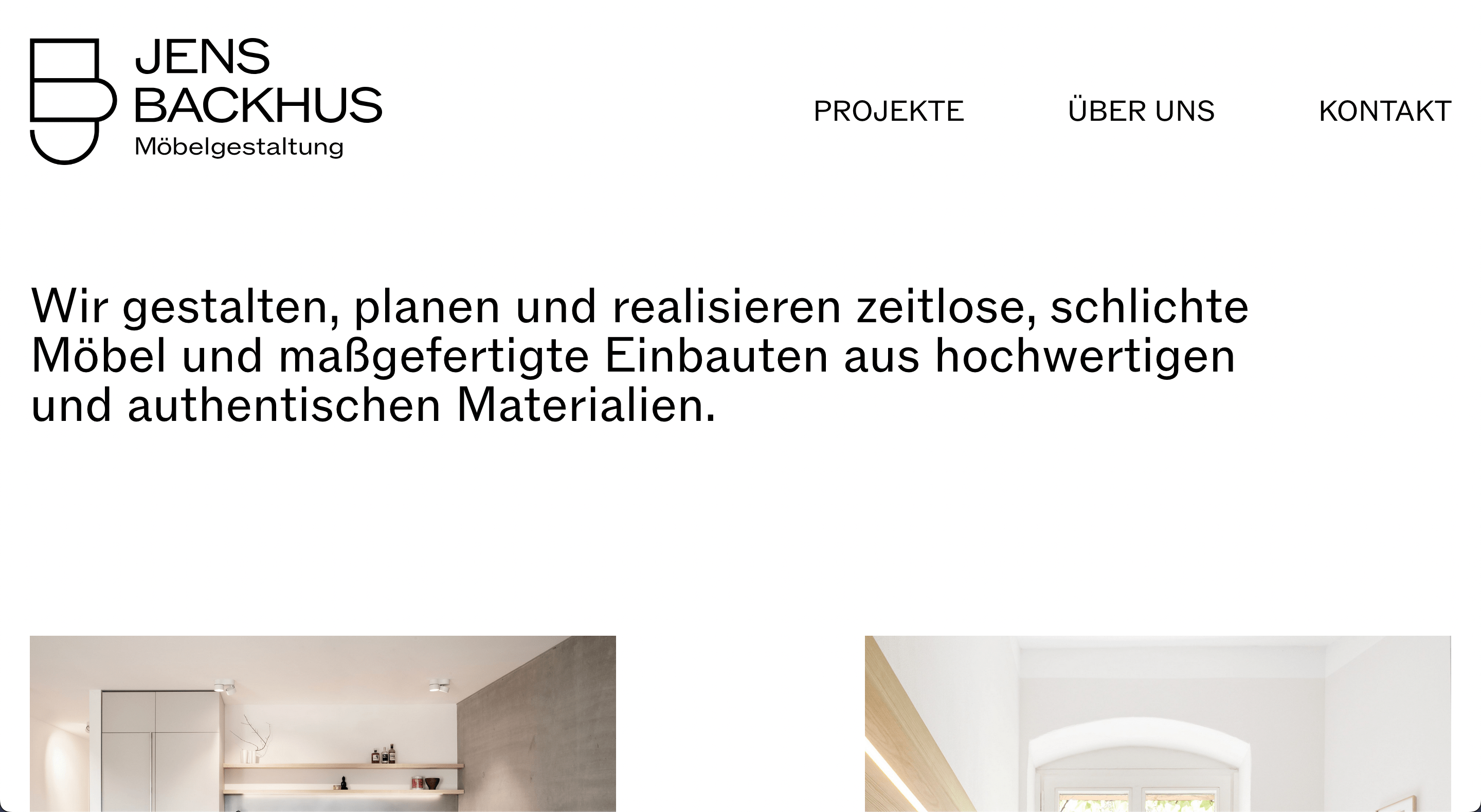 Startseite mit Navigationsleiste und Eingangstext über Möbelgestaltung von Jens Backhus